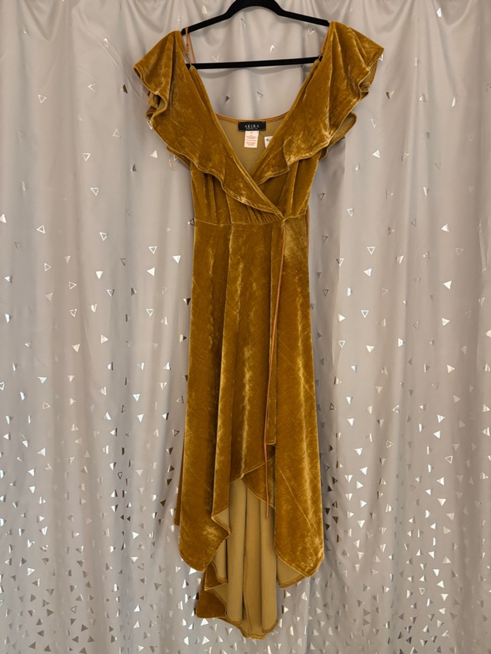 AKIRA Mustard Gold Velvet Ruffle High-Low Wrap Dress